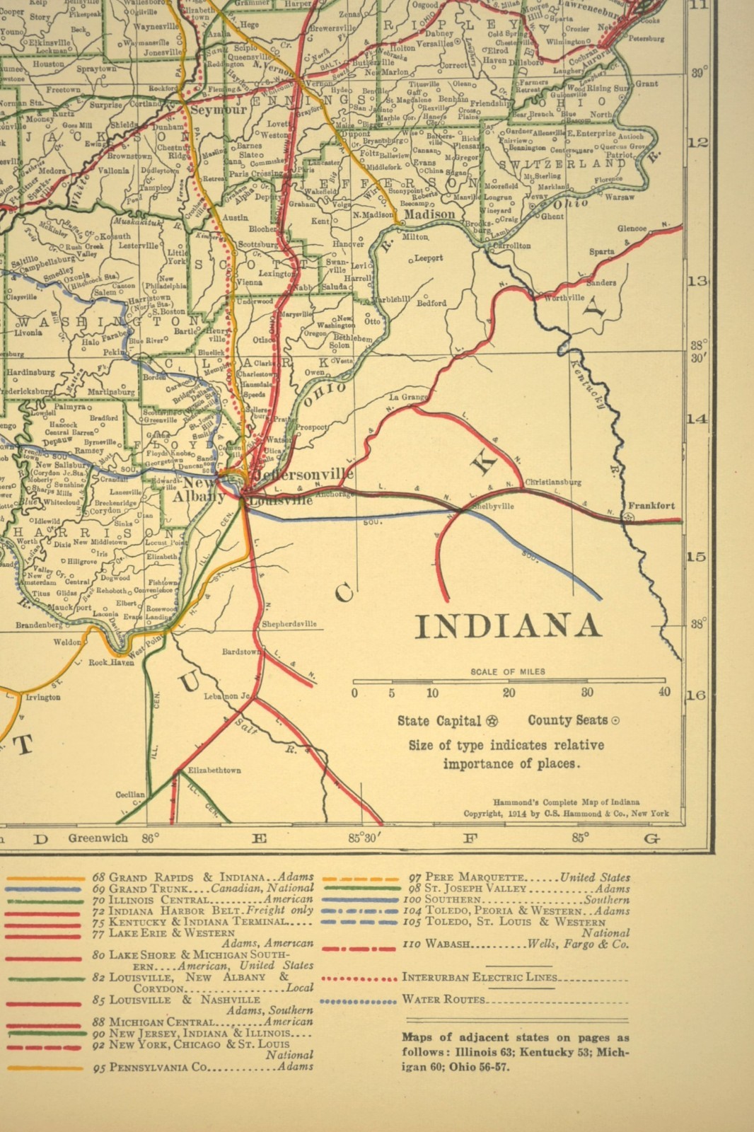 1914 Antique Map of INDIANA Railroads Map ORIGINAL Atlas Map CCC & St L Ry DATED