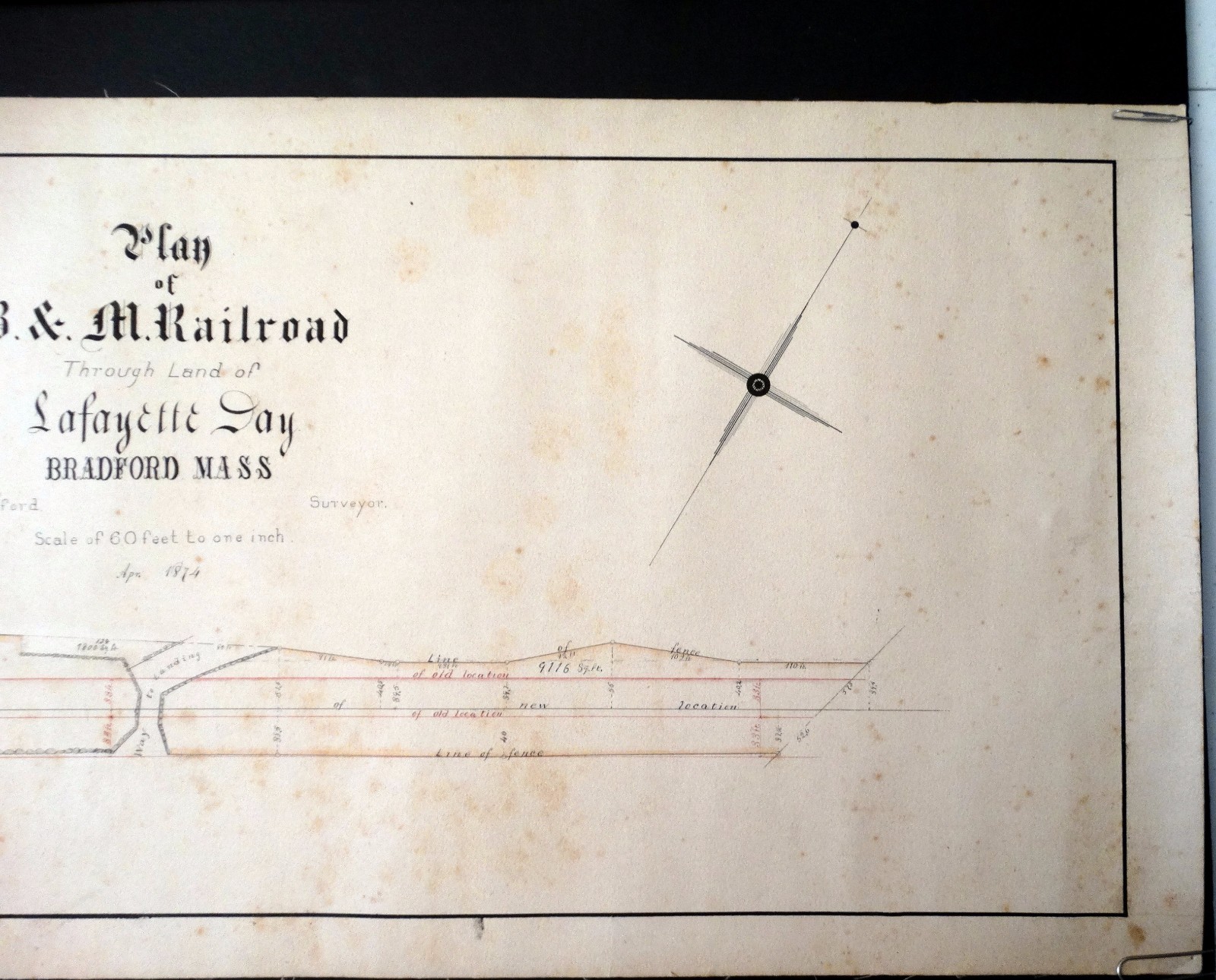 Antique RAILROAD MAP Lot of 2 BRADFORD MA April 1874 B & M Survey Lafayette Day