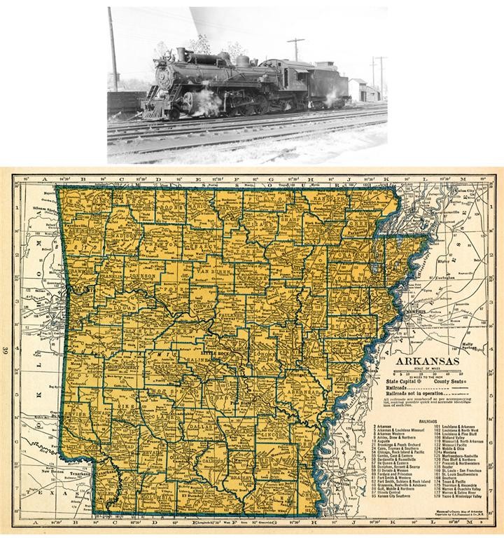 A 1939 ARKANSAS RAILROAD MAP SHOWS ALL RR DEPOTS TOWNS + FS&W RR PRINT HISTORY