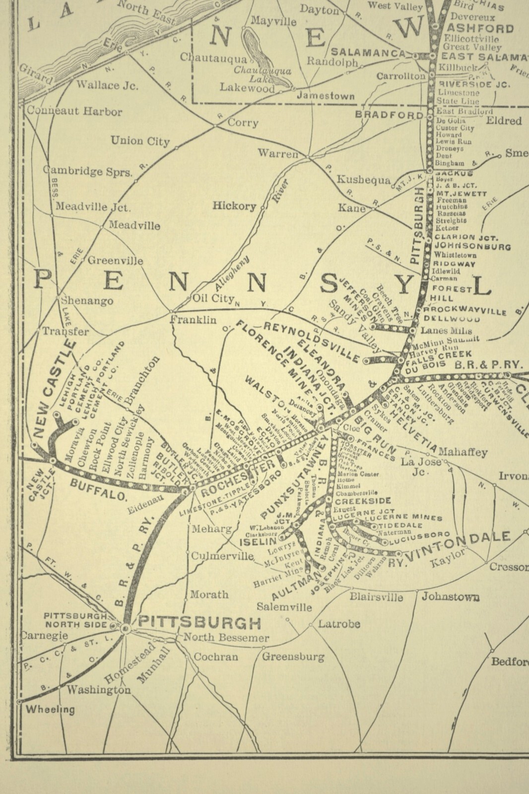 BUFFALO ROCHESTER PITTSBURGH Railway Map Clearfield Pennsylvania Railroad ca1925