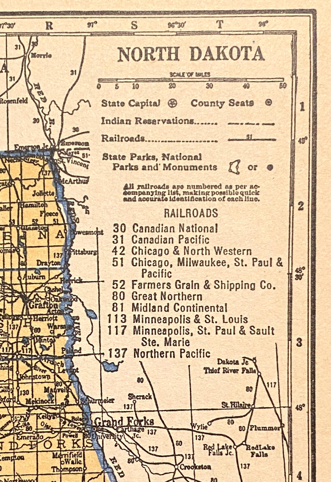 NORTH DAKOTA & OHIO c 1935 County & Railroad Maps. Hammond & Co. 9×12″ VG-F