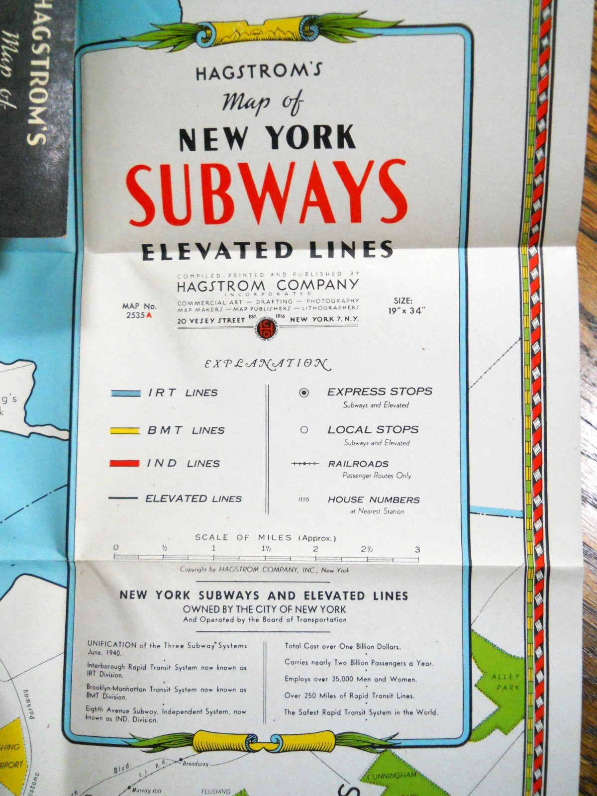 Vintage 1947 Hagstrom’s Map of New York / Subways Elevated Lines