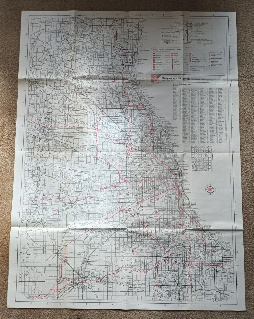 NEAR MINT 48 X 36 inch vintage 1975 map Metropolitan CHICAGO Draper & Kramer