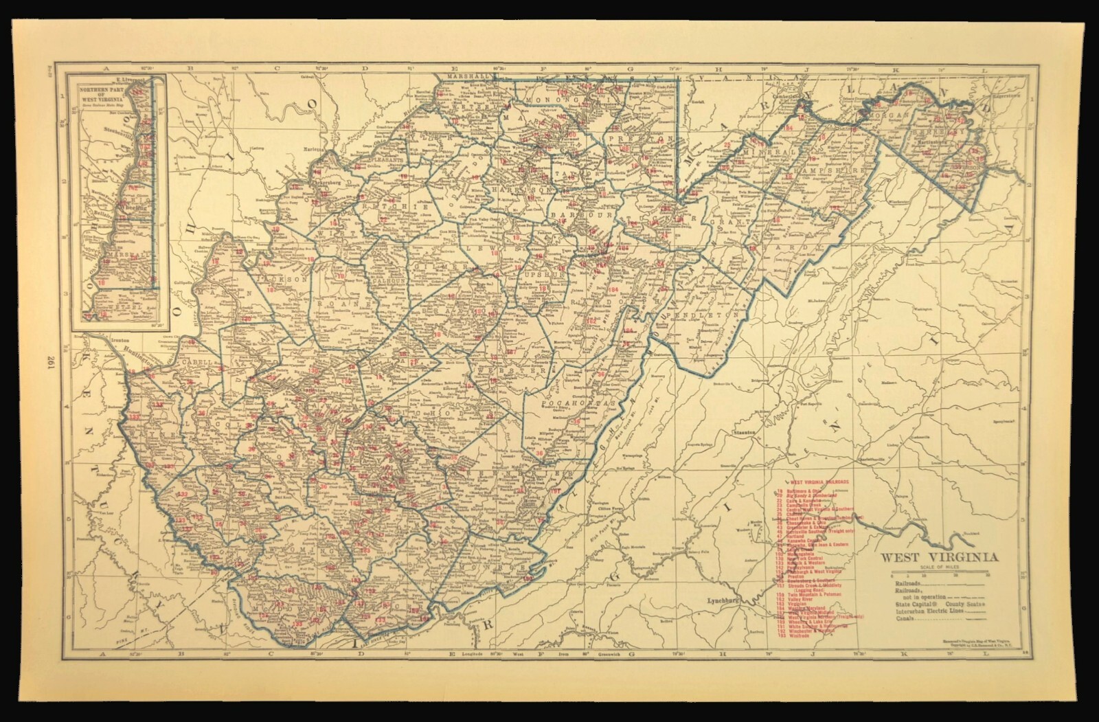 Vintage Map of WEST VIRGINIA Railroad Map LARGE B&O RR Clarksburg Antique