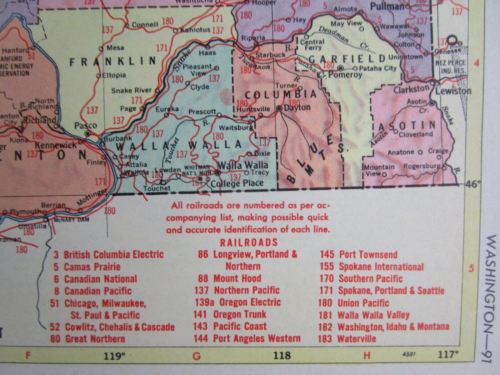 WA WV 1955 WASHINGTON State RAILROAD Map WALLA WALLA VALLEY ~or~ WEST VIRGINIA