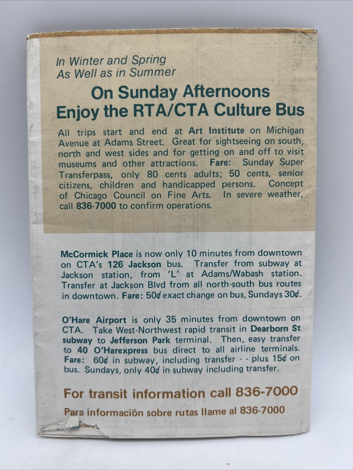 1978 CHICAGO TRANSIT AUTHORITY CTA DOWNTOWN TRANSIT MAP Fall-Winter Bus L Subway