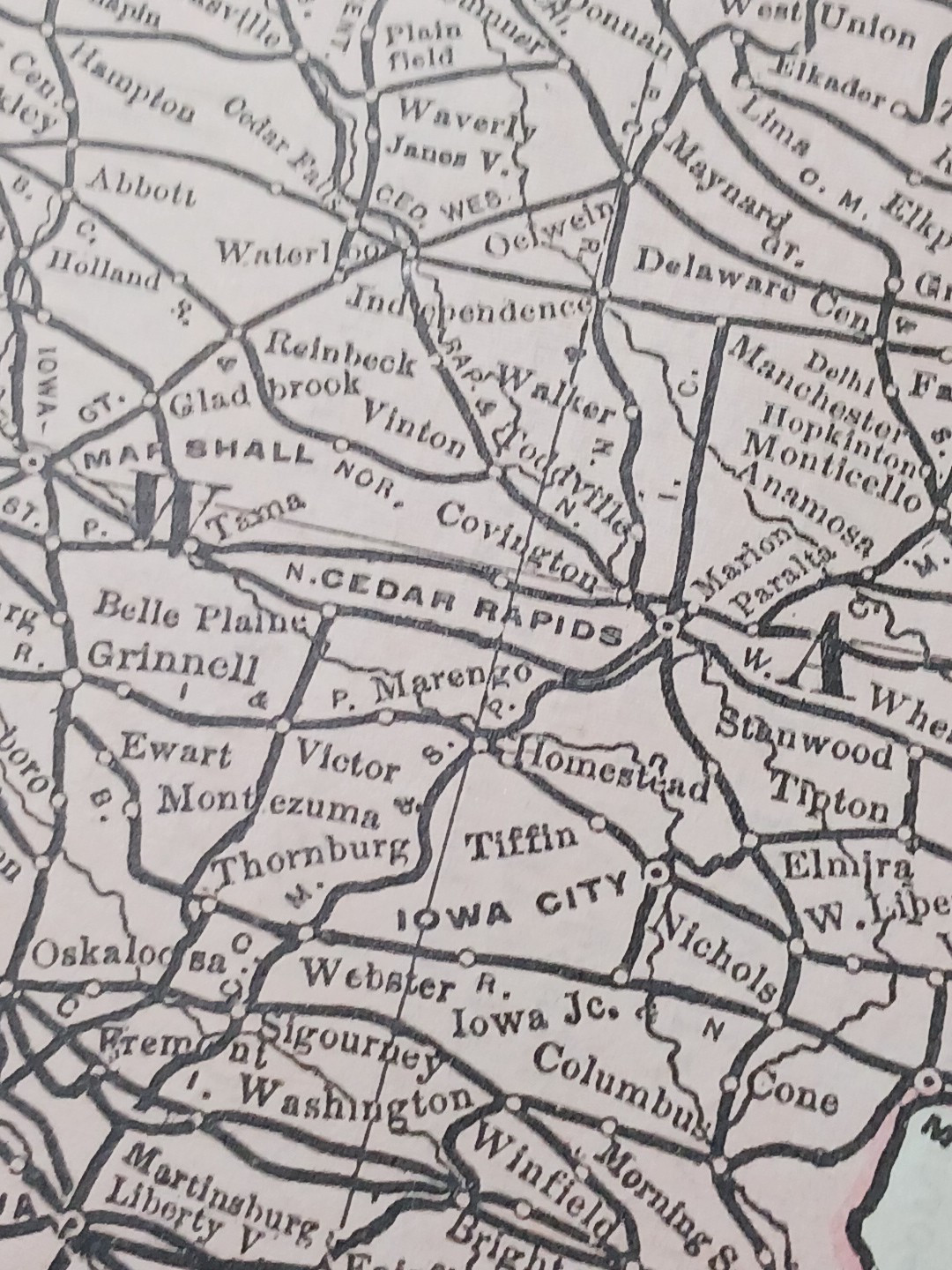 1897 Train Route Map MISSOURI & IOWA all Railroad Lines Station Marked 9″x 11″
