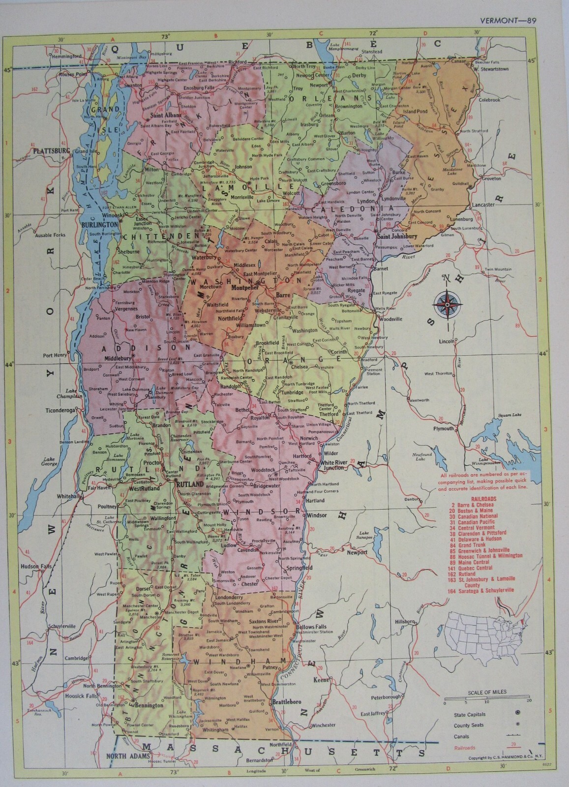 VA VT 1959 VIRGINIA RAILROAD Map B&O, C&O, WINCHESTER & WESTERN or VERMONT