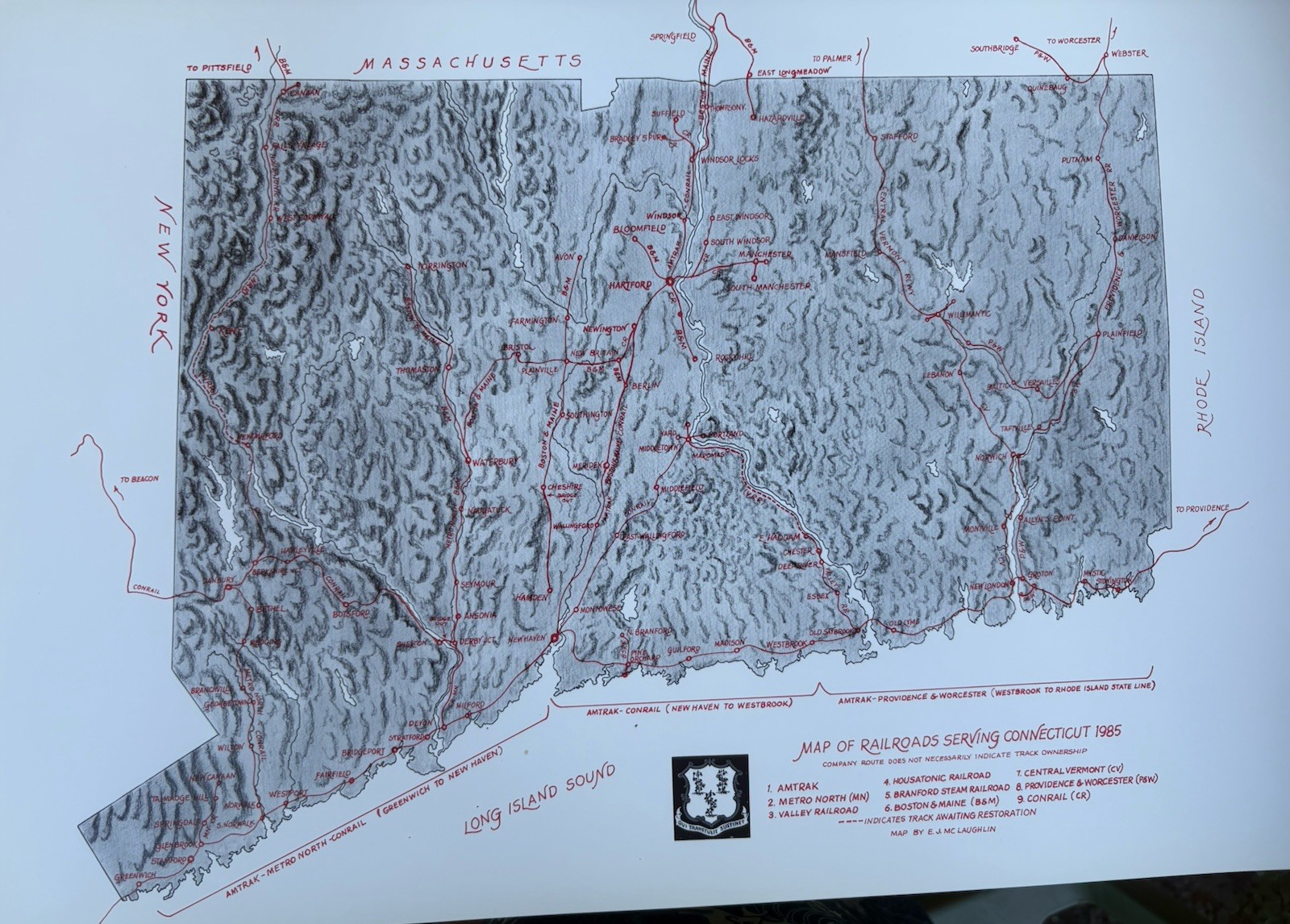 1985 Map of Railroads Serving Connecticut Poster by E.J. McLaughlin