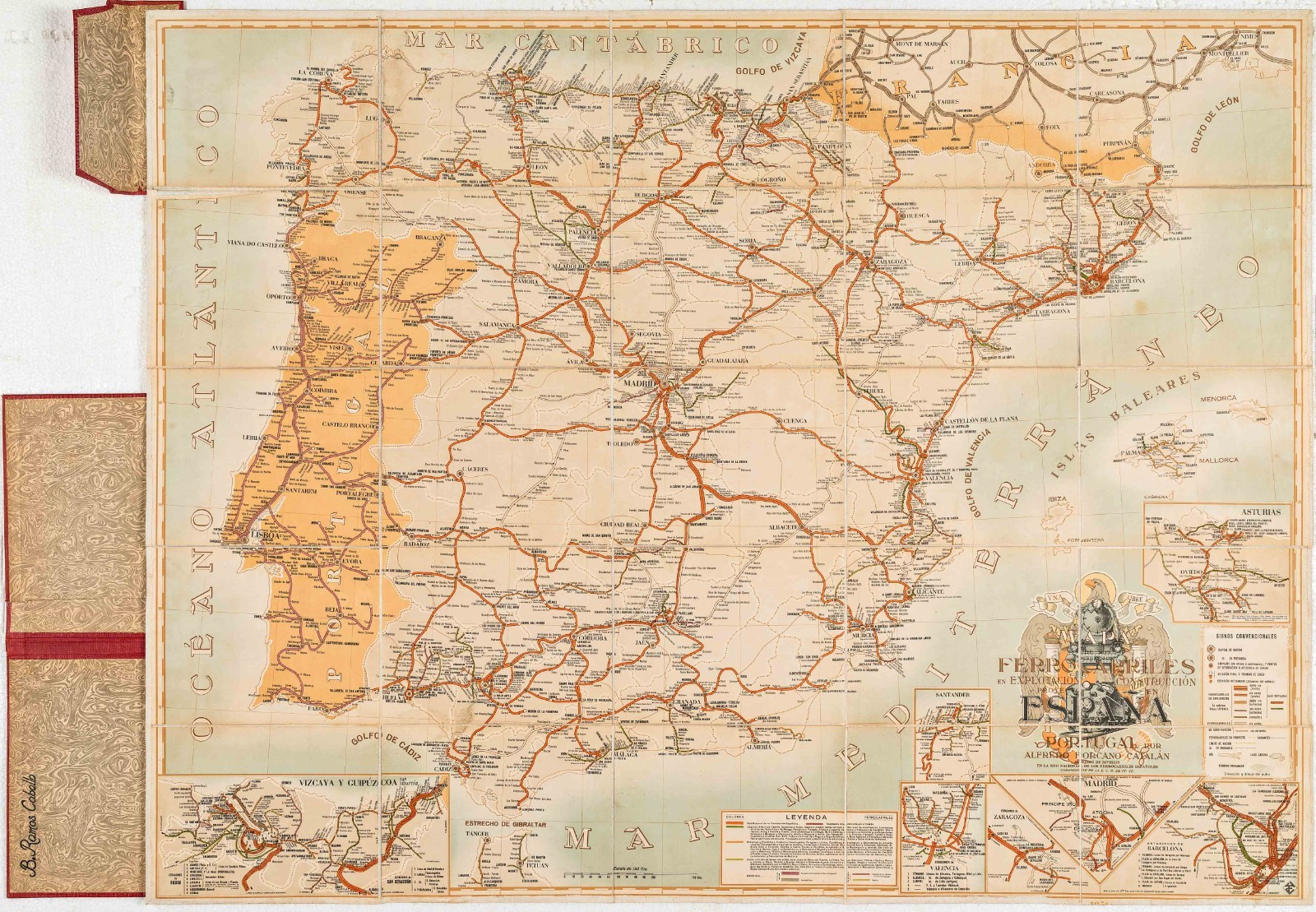 1956 Large Linen-backed Folding Map of Railways, Spain and Portugal