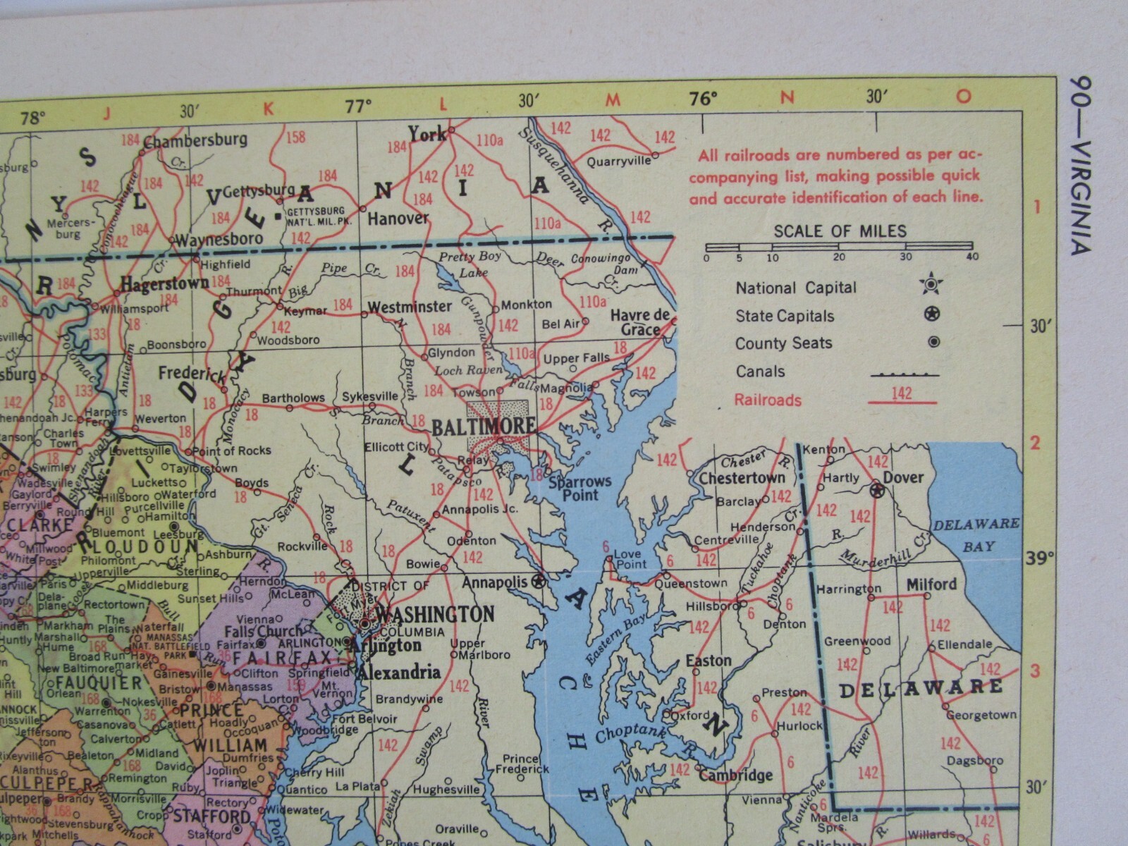 VA VT 1959 VIRGINIA RAILROAD Map B&O, C&O, WINCHESTER & WESTERN or VERMONT