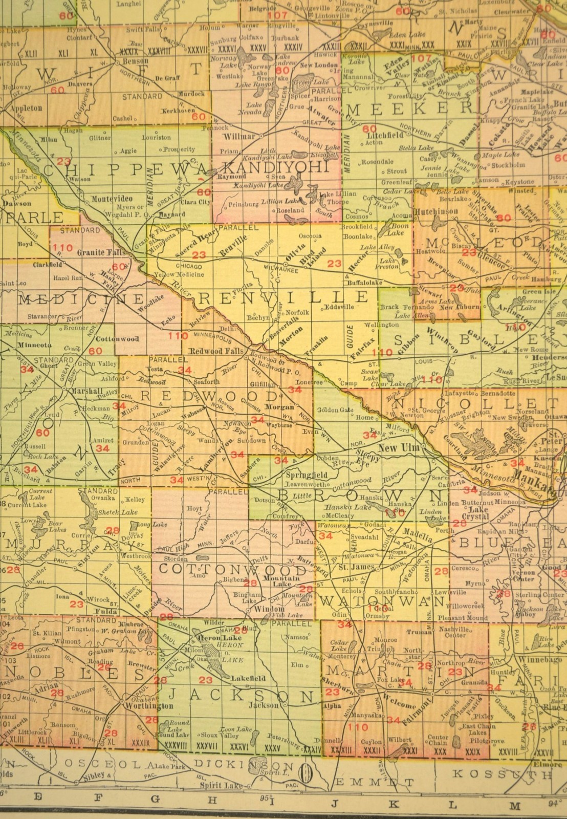 1911 Antique Minnesota Railroad Map ORIGINAL Atlas Map CMStP&P Railroad DATED