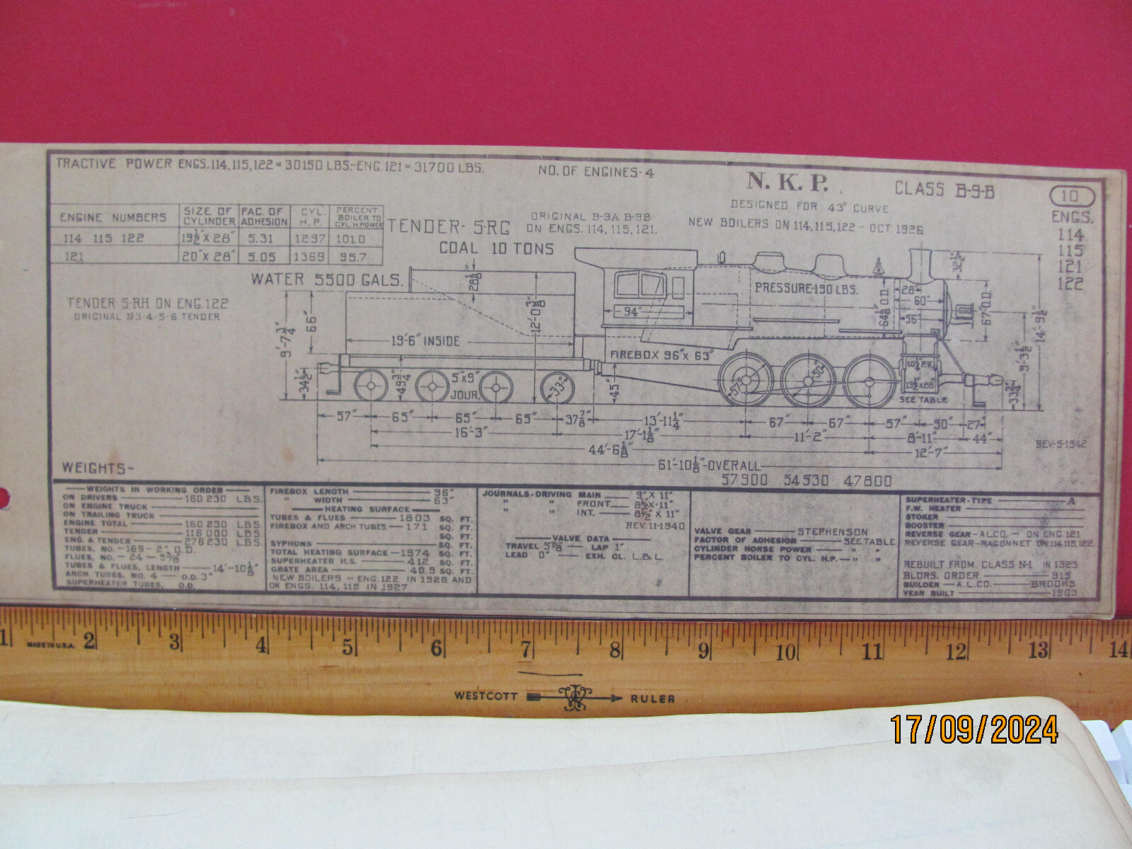 NICKLE PLATE ROAD RAILROAD ORIG 1943 DIAGRAM LOCOMOTIVE #114+ CLASS B-9B 0-6-0