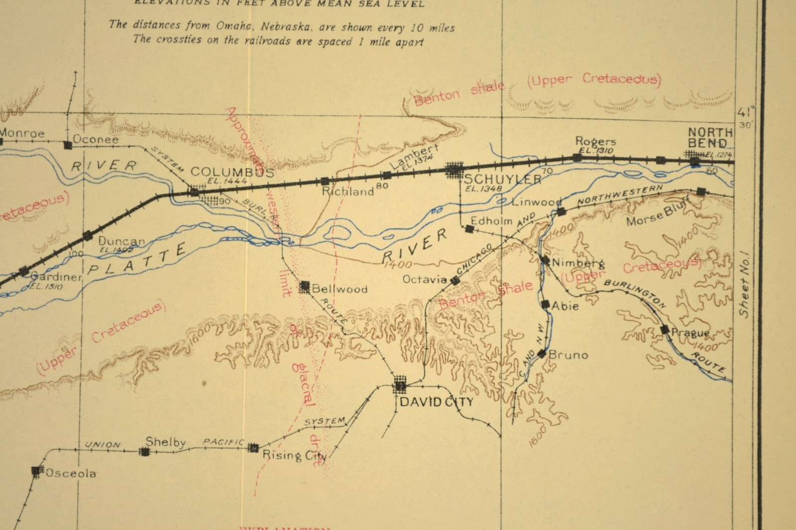 Antique Union Pacific Railroad Map Columbus Nebraska Schuyler NE David City
