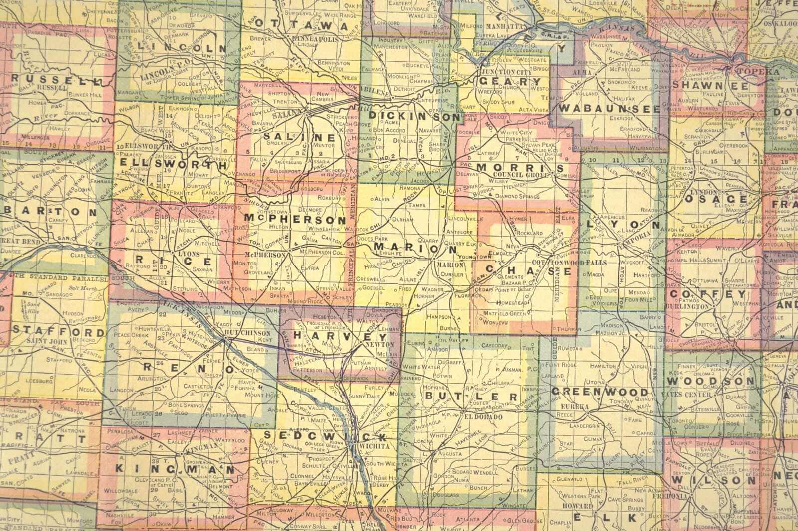 Antique KANSAS Map Railroad LARGE Original AT&SF Missouri Pacific RR MKT