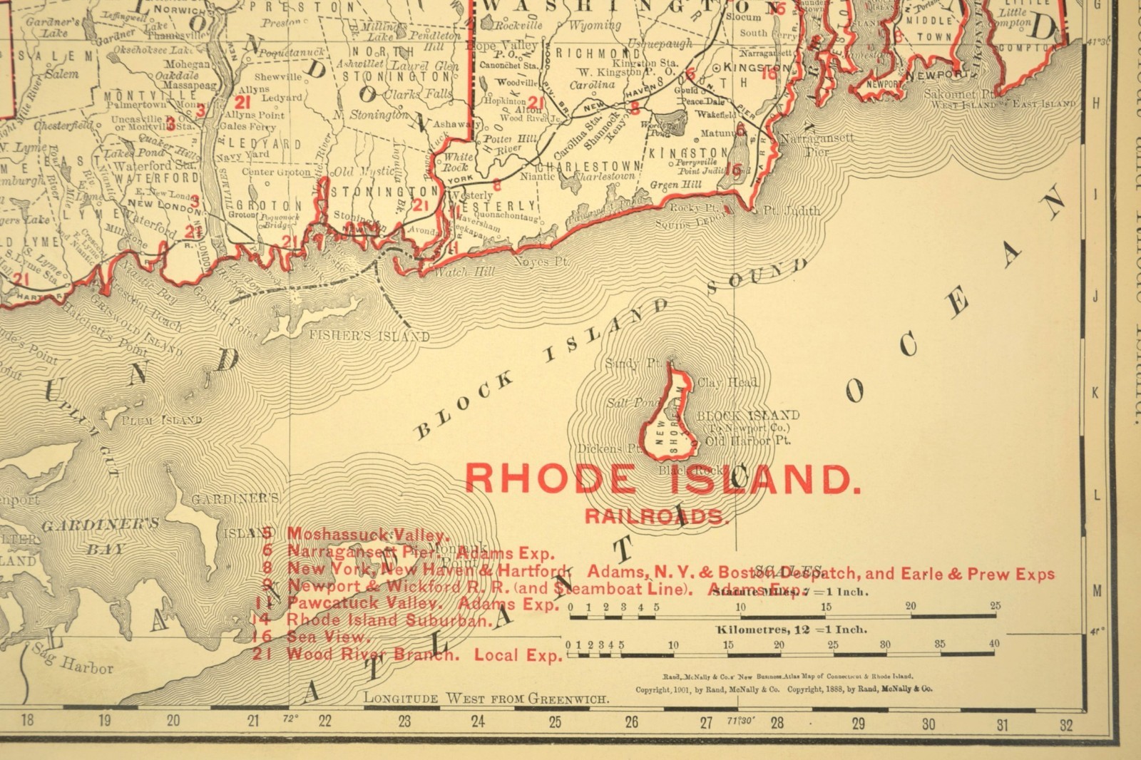 1901 Antique Connecticut Railroad Map of Rhode Island Large Atlas NH RR DATED