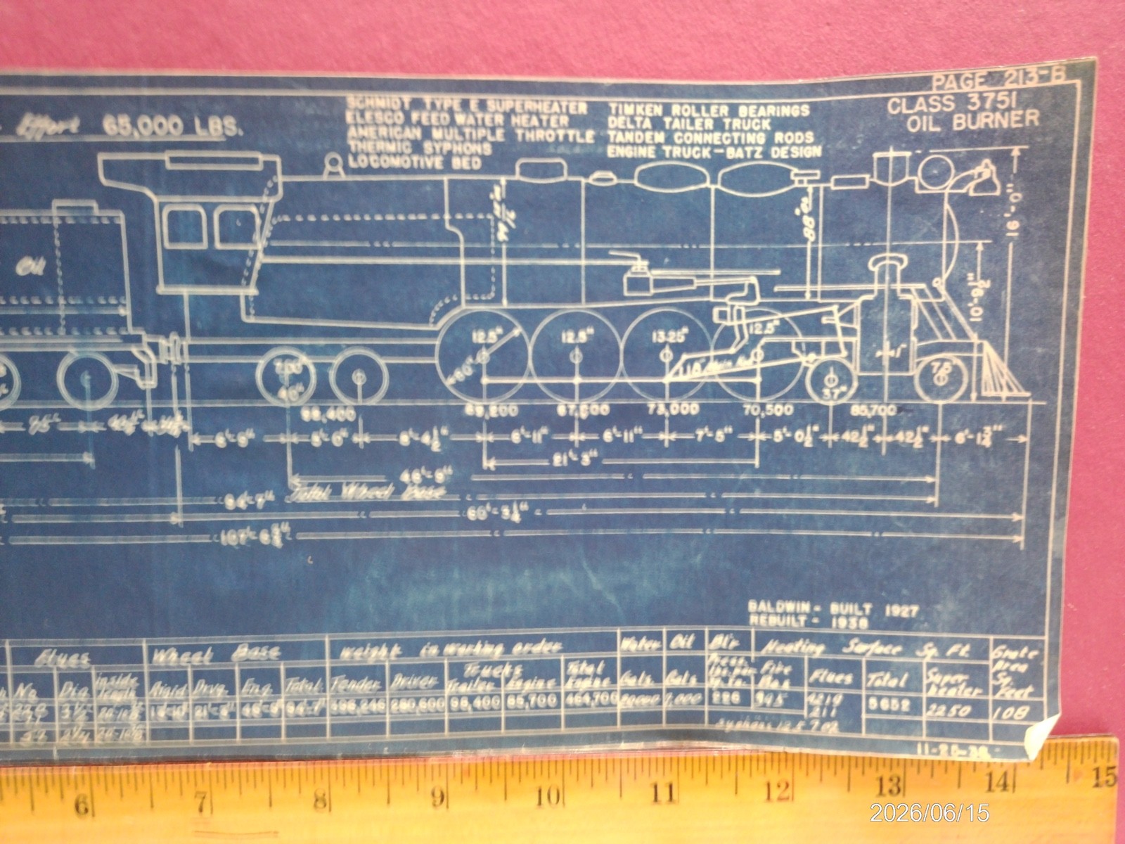 AT&SF RAILROAD ORIG BLUEPRINT DATA DIAGRAM BUILDERS PHOTO 4-8-4 LOCOMOTIVE #3700