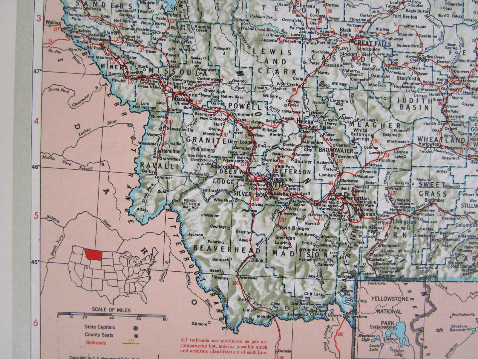 MT NE Mid Century 1950 MONTANA RAILROAD Map. ~or~ NEBRASKA