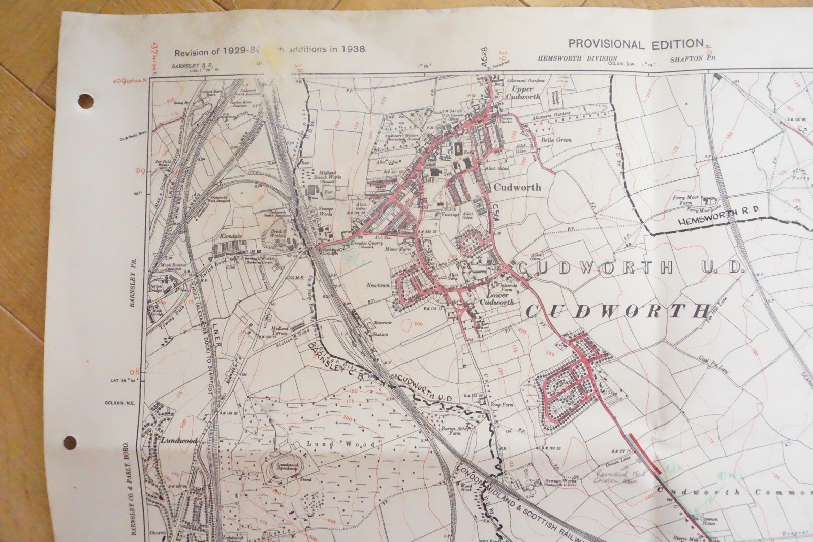 1938 Cudworth Darfield Barnsley Yorkshire LMS Railway OS Linen Map Ref 65 **