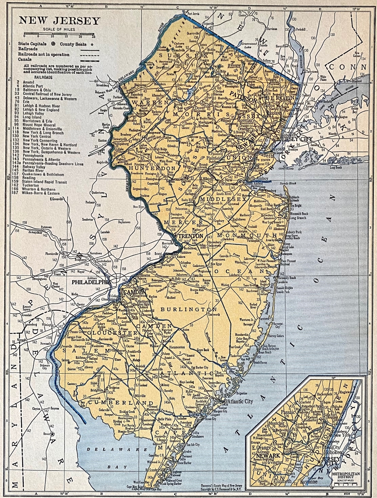 NEW MEXICO & NEW JERSEY c 1935 County & Railroad Maps. Hammond & Co. 9×12″