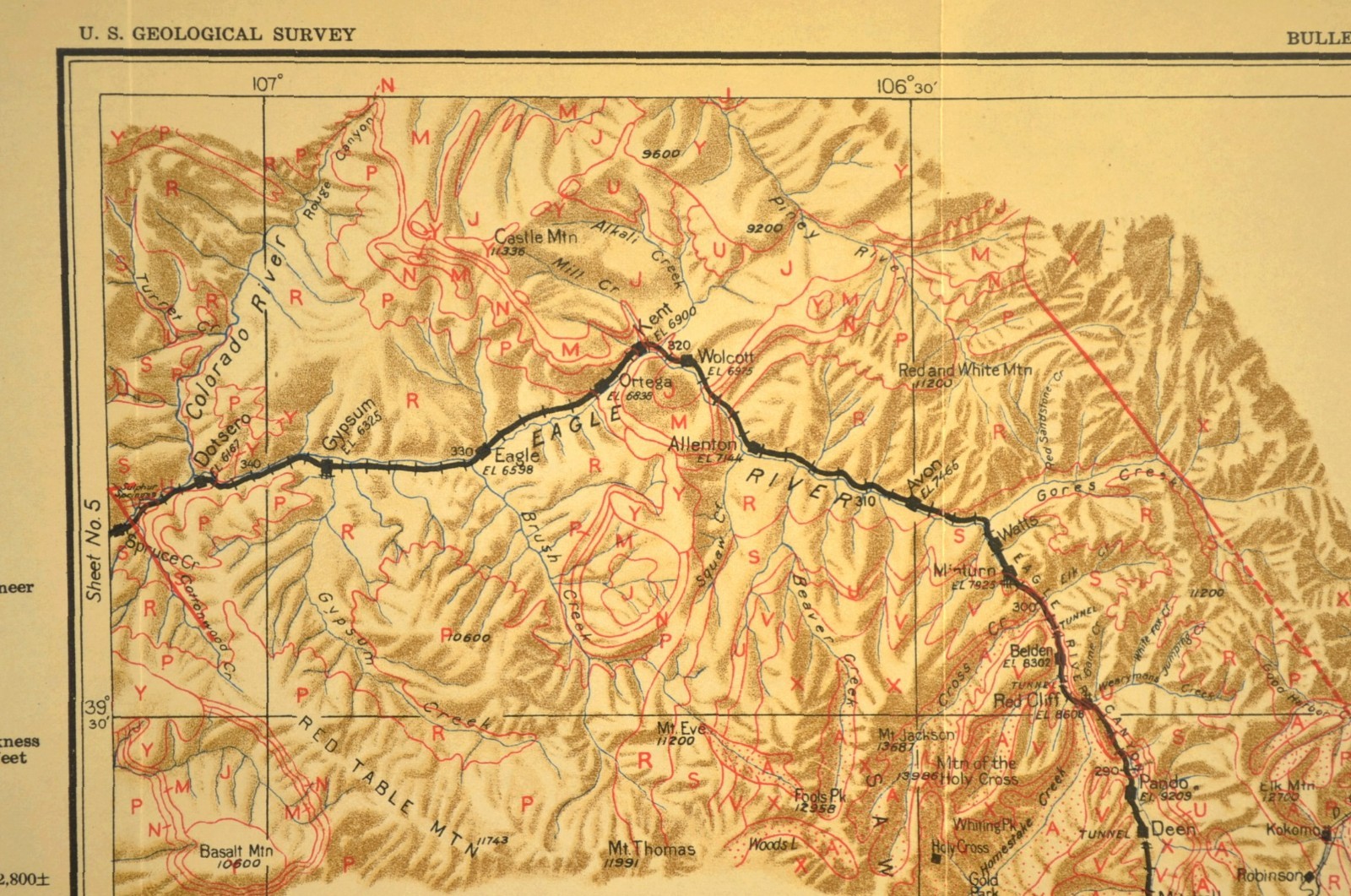 1922 Denver Rio Grande RR Map Gypsum Colorado Avon Leadville Tennessee Pass