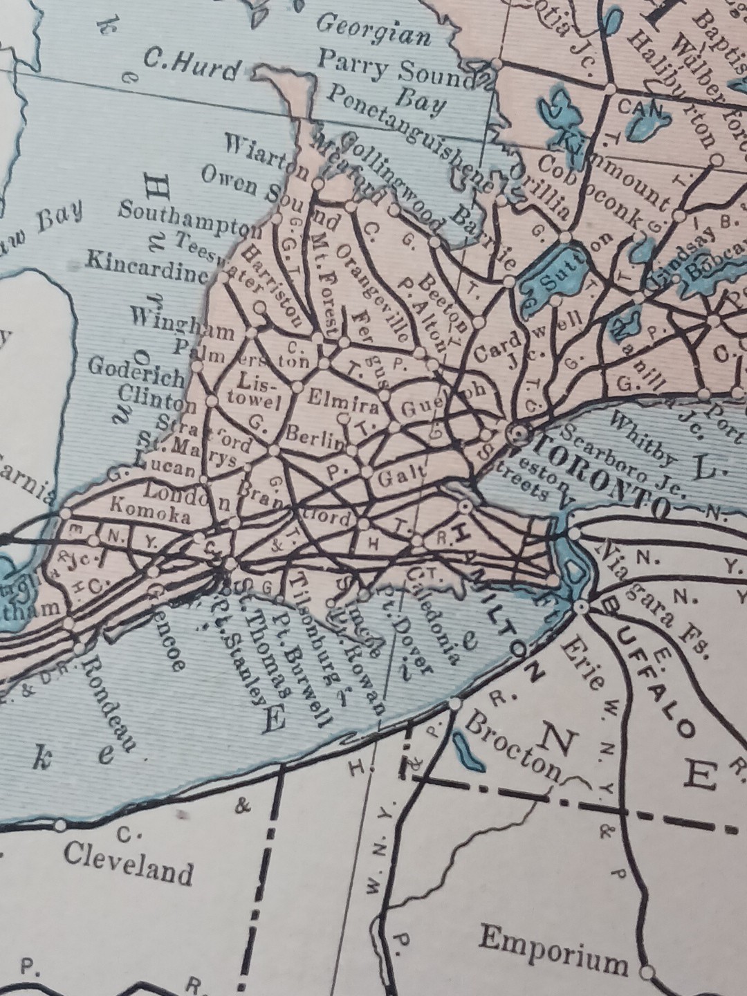 1905 Train Route Map Canada East Section all Railroad Lines Quebec Ontario 11×9″