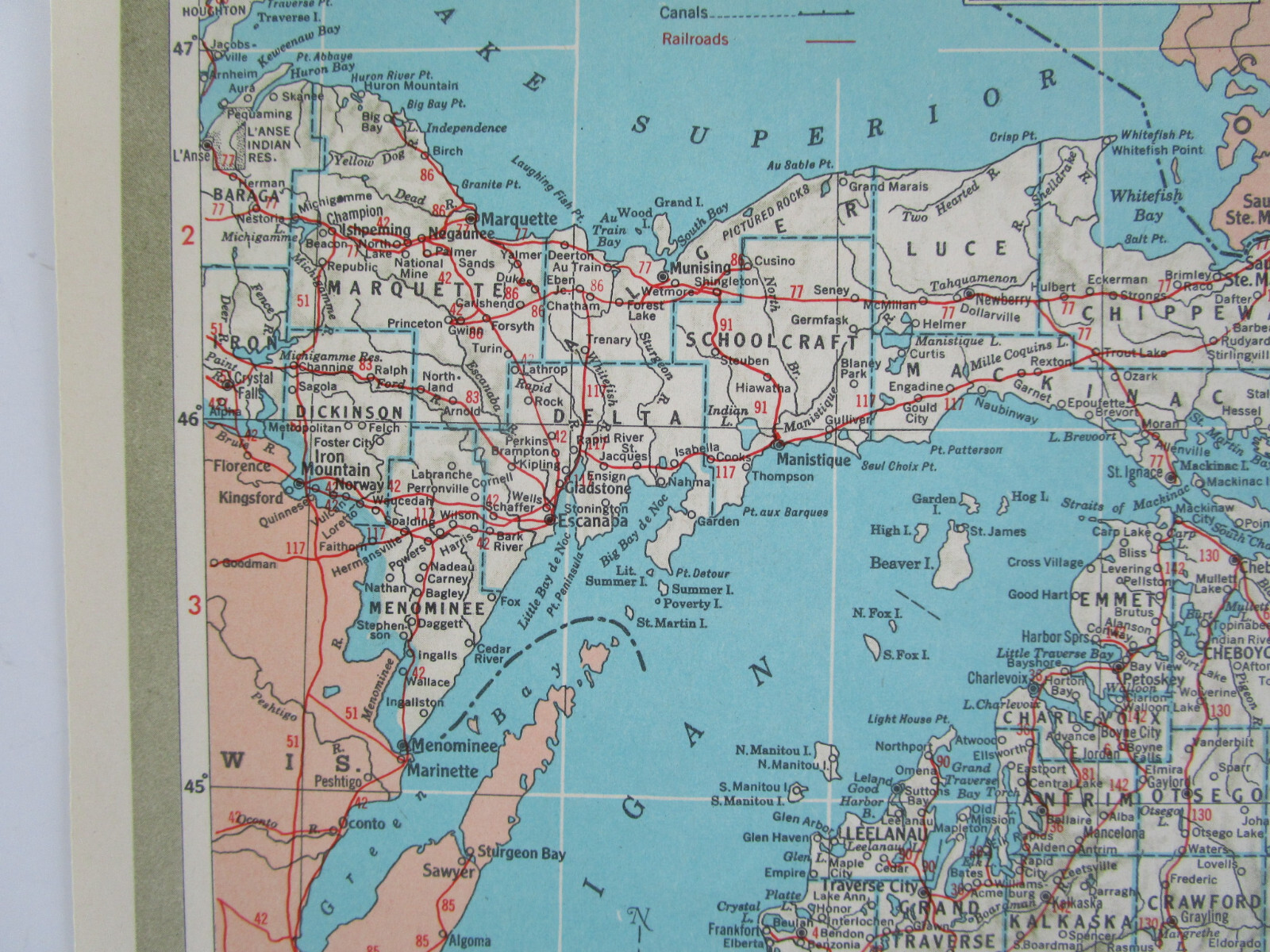 MN MI 1951 MINNESOTA RAILROAD Map DULUTH, SOUTH SHORE, & ATLANTIC RR or MICHIGAN