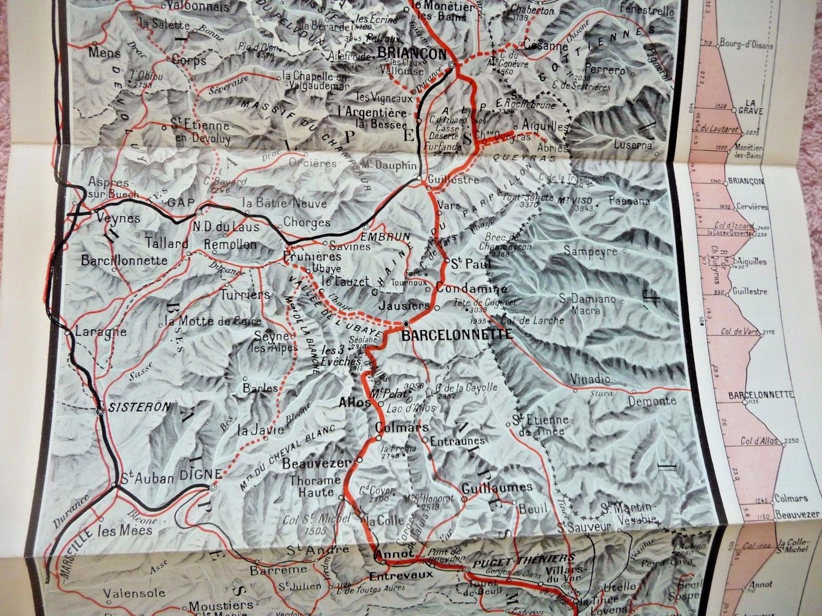 VINTAGE MAP ROUTE DES ALPS LAUSANNE EVIAN THONON NICE BARCELONNETTE FARES 1913