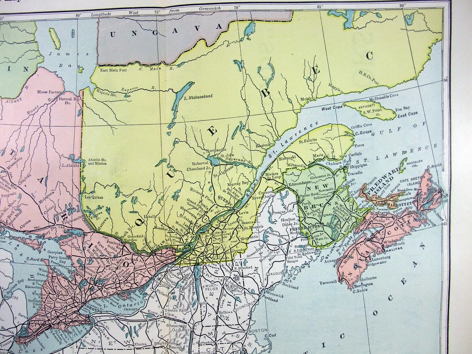 Eastern Canada – Original 1903 Railroad Map. Antique Railway