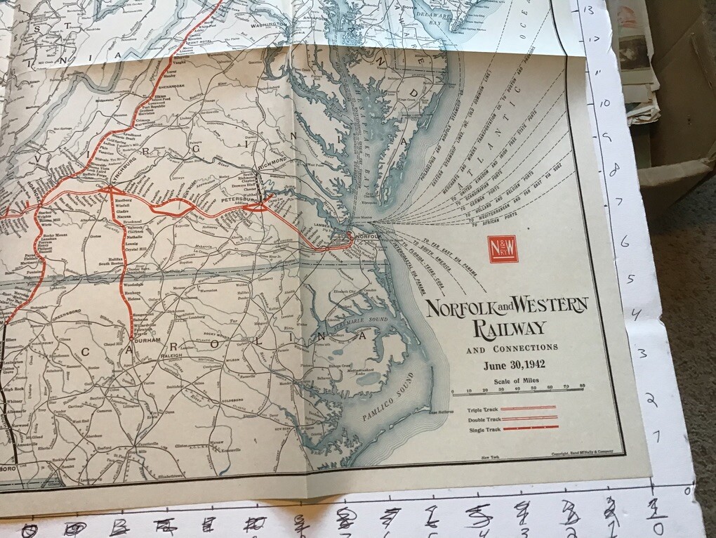 vintage railroad map: 22×32″ NORFOLK & WESTERN Railway 1942