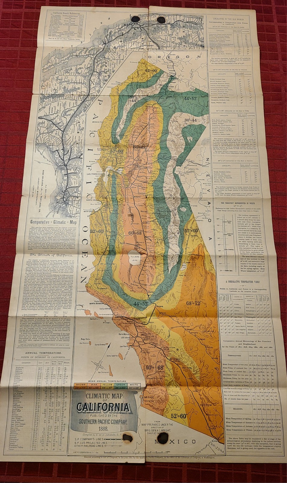 SOUTHERN PACIFIC CO. CLIMATIC MAP CALIFORNIA 1888 SUNSET ROUTE VINTAGE RAILROAD