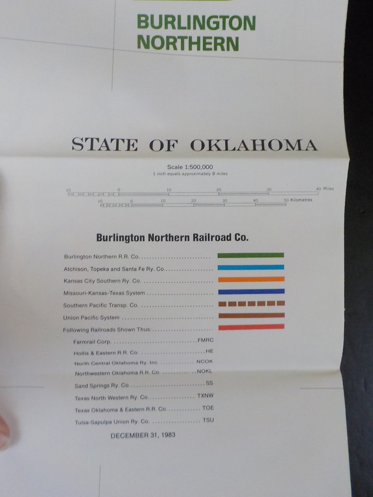 Map Burlington Northern Oklahoma State Railroad Map 1983 August
