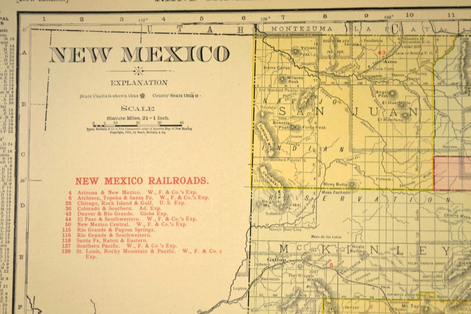 1911 Antique Map of New Mexico Railroad Map ORIGINAL Atlas Map EP&SW RR DATED