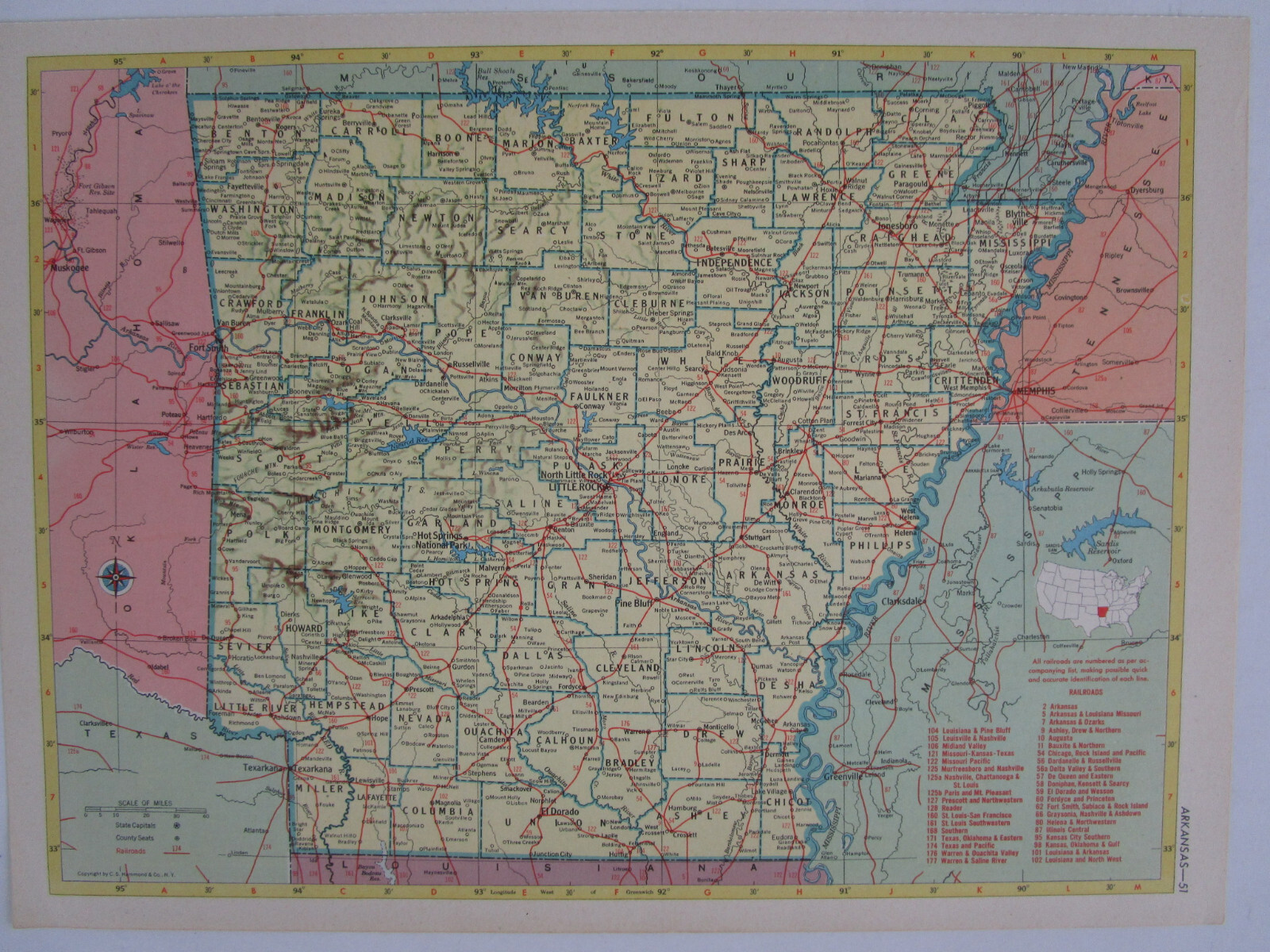 AR CA 1952 ARKANSAS RAILROAD Map. FORDYCE & PRINCETON RR ~or~ CALIFORNIA