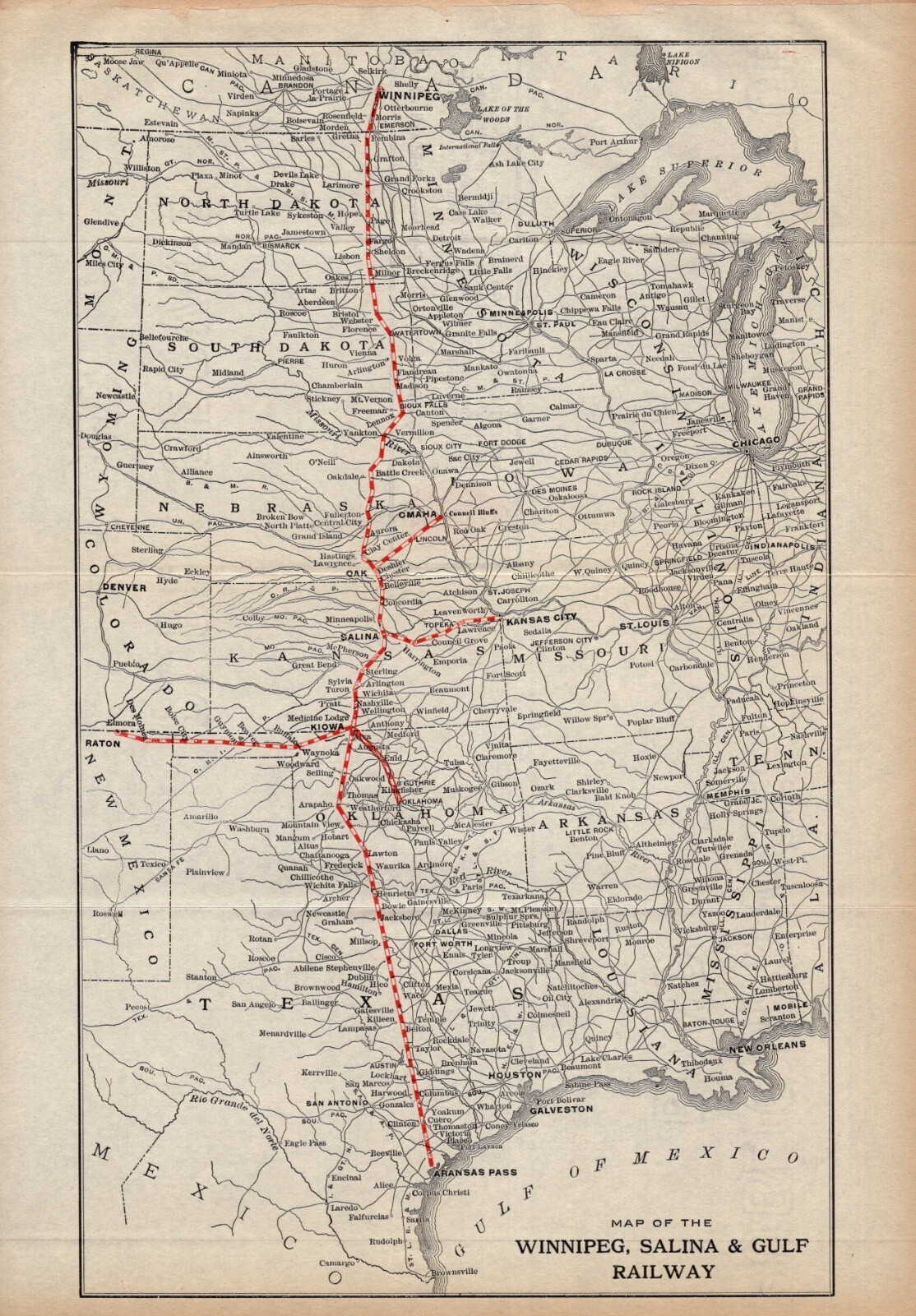 1912 Antique Winnipeg Salina & Gulf Railway Map Vintage Railroad Map 2392