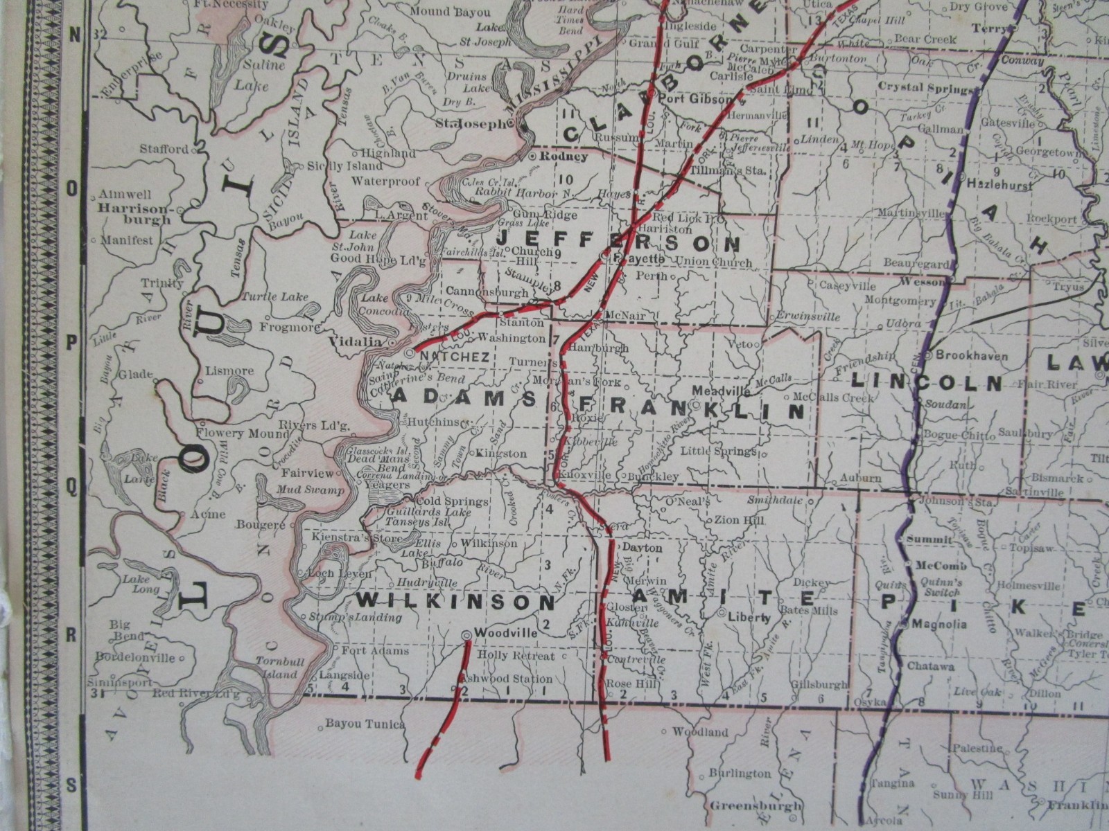 ANTIQUE MS 1891 MISSISSIPPI RAILROAD Map. Cram. NEW ORLEANS NORTHEASTERN RR