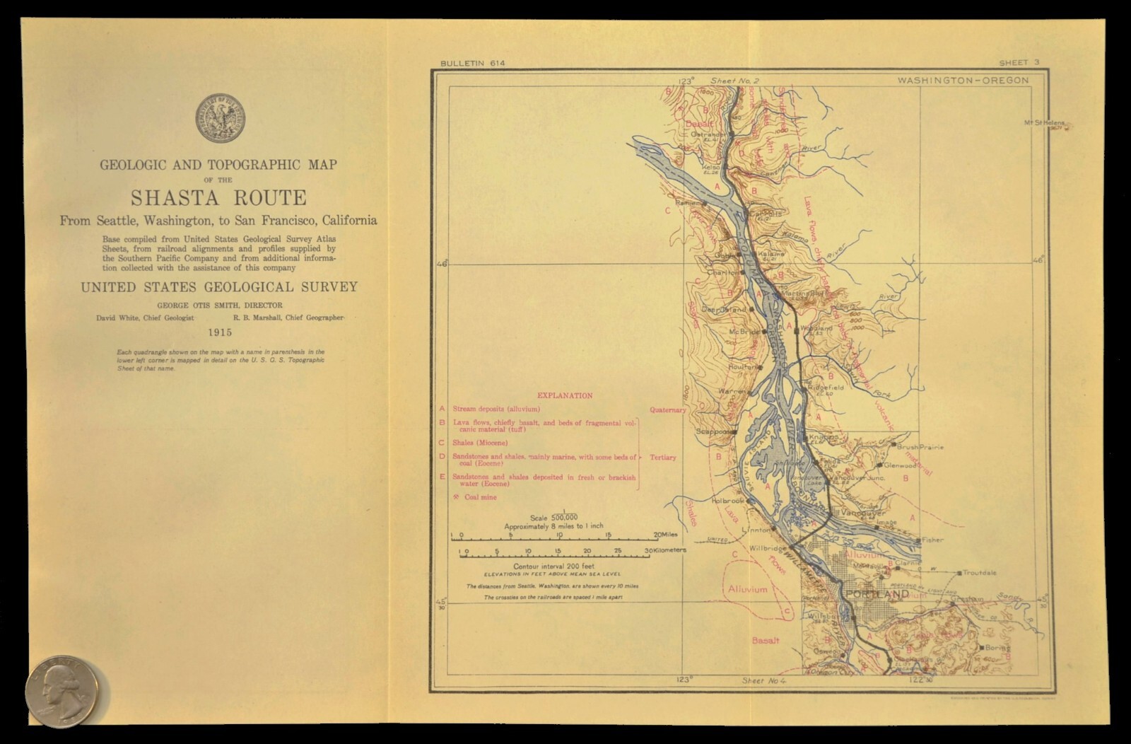 1915 Antique Southern Pacific Railroad Map Portland Oregon Vancouver WA Geologic
