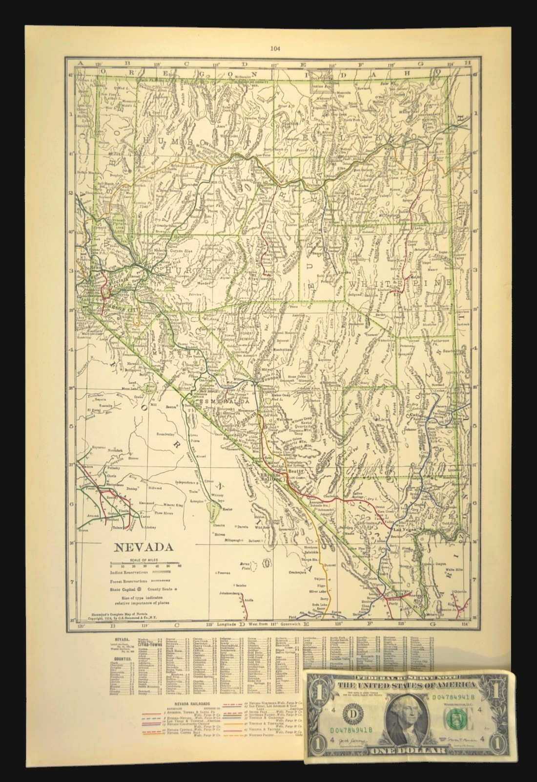 1914 Antique Map of NEVADA Railroads Map ORIGINAL Atlas Southern Pacific DATED