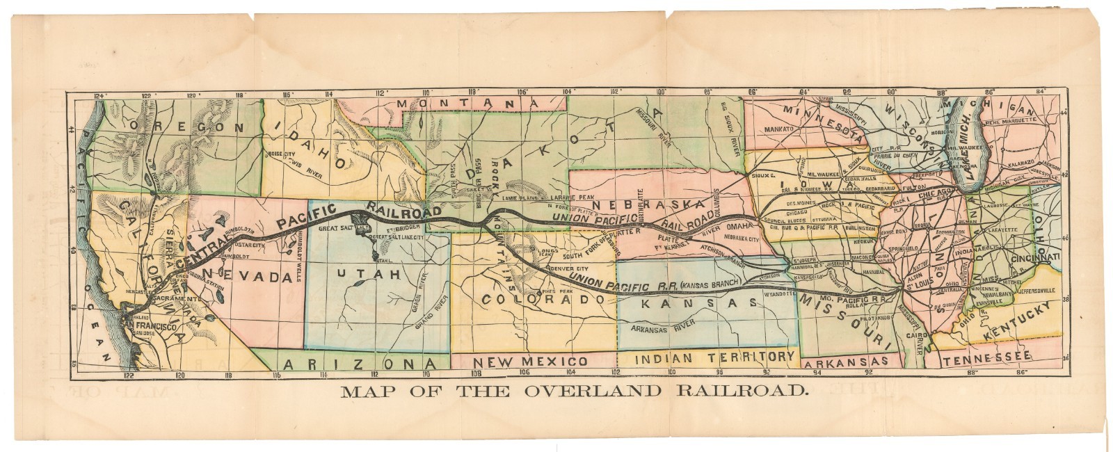 c. 1866 Rare Early Map of the Central Pacific R.R. (Transcontinental Railroad)