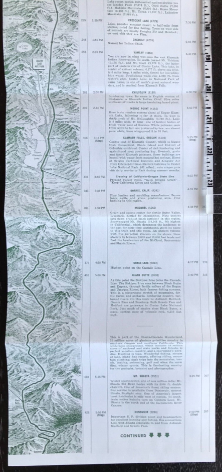 1962 Map Shasta Daylight Trip Southern Pacific RailRoad Portland – SF California
