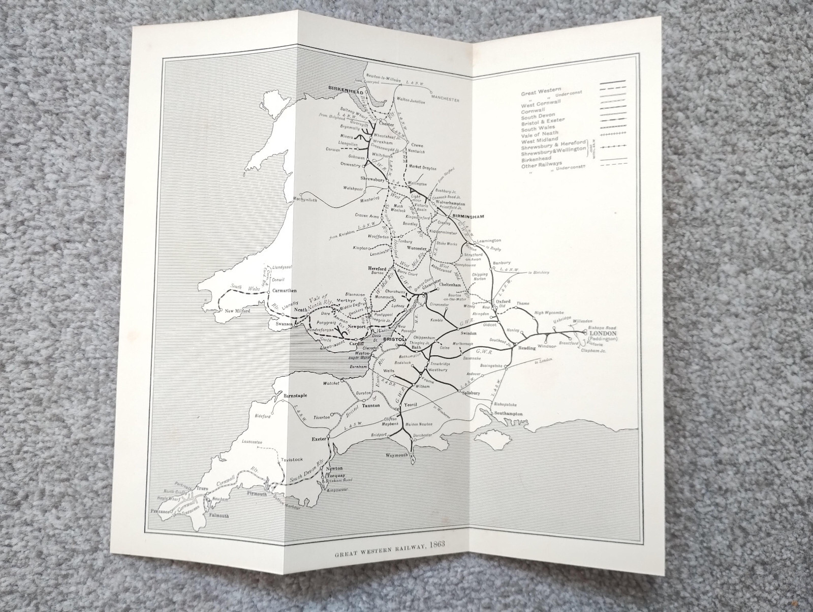 Antique 1927 Map of the Great Western Railway network in 1863