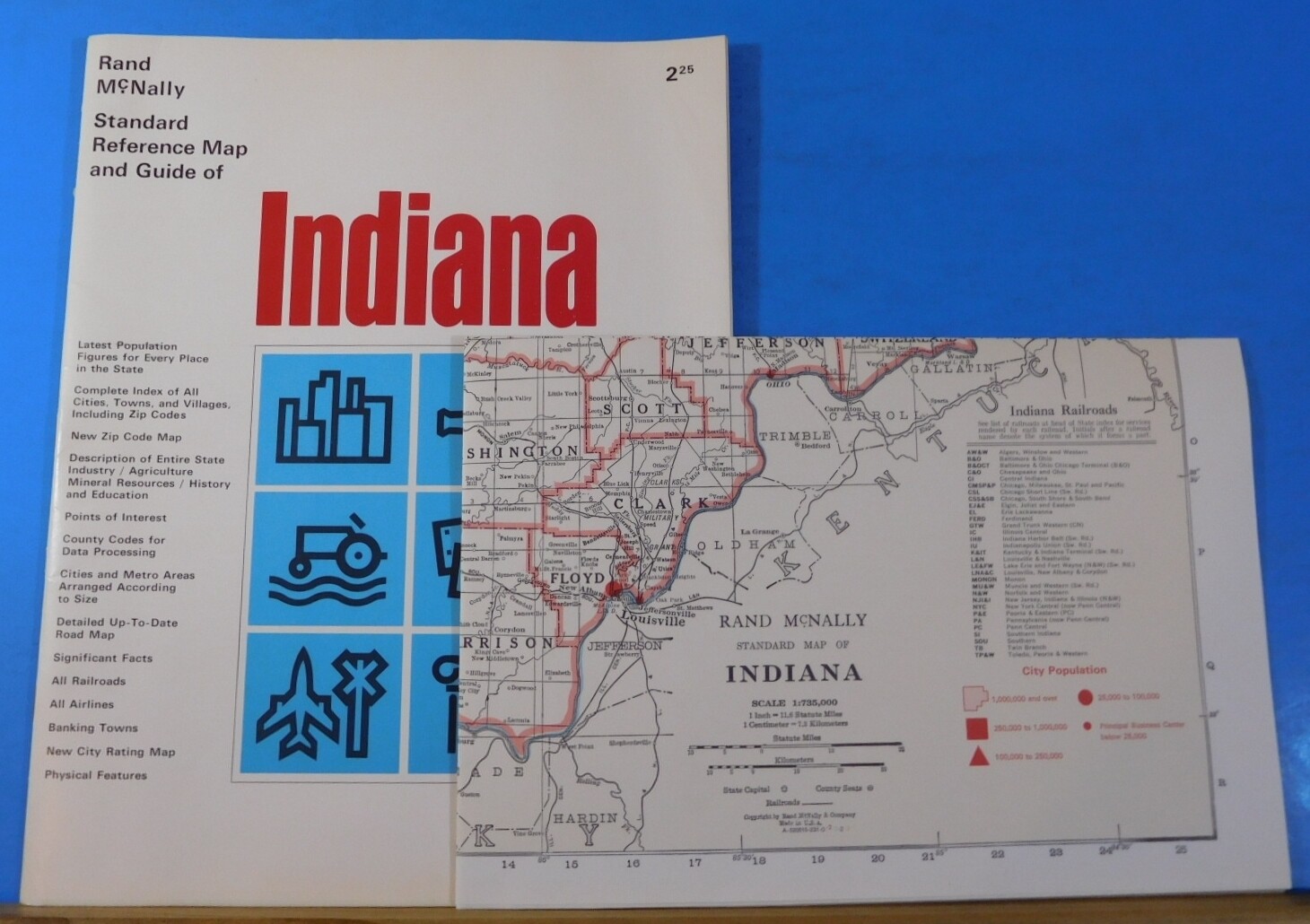 Rand McNally Indiana Standard Reference Map and Guide 1972 Soft Cover