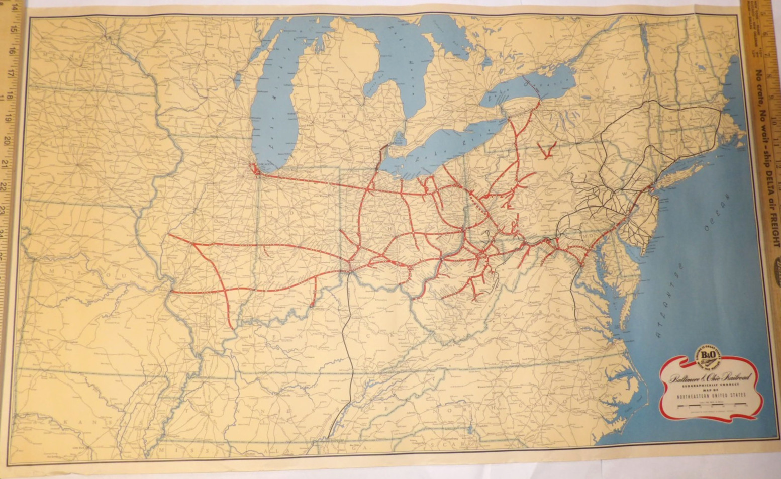 1950s B&O/BALTIMORE & OHIO RR GEOGRAPHICALLY CORRECT MAP/POSTER NORTHEASTERN USA