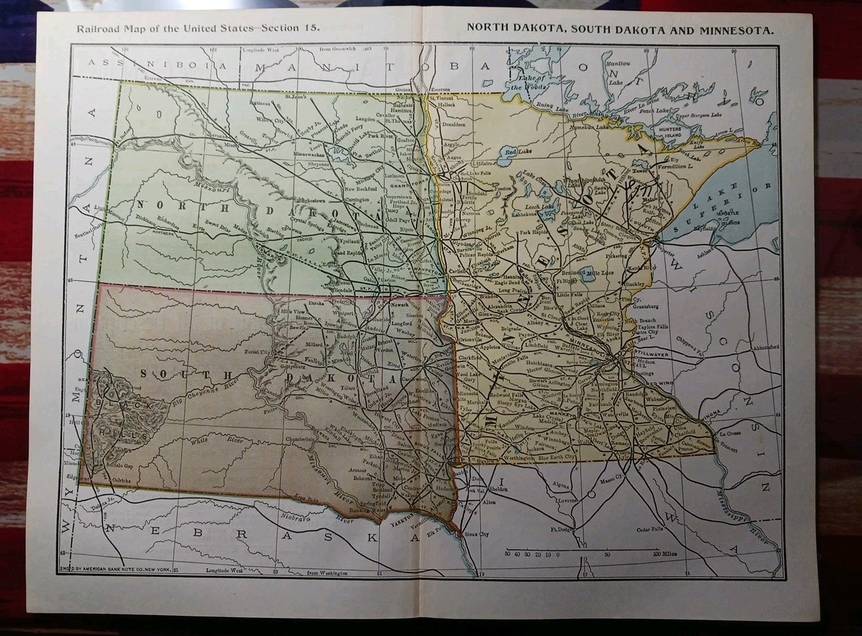 ~1896 Railroad Map Minnesota North South Dakota all Train Routes Stations 9×11″