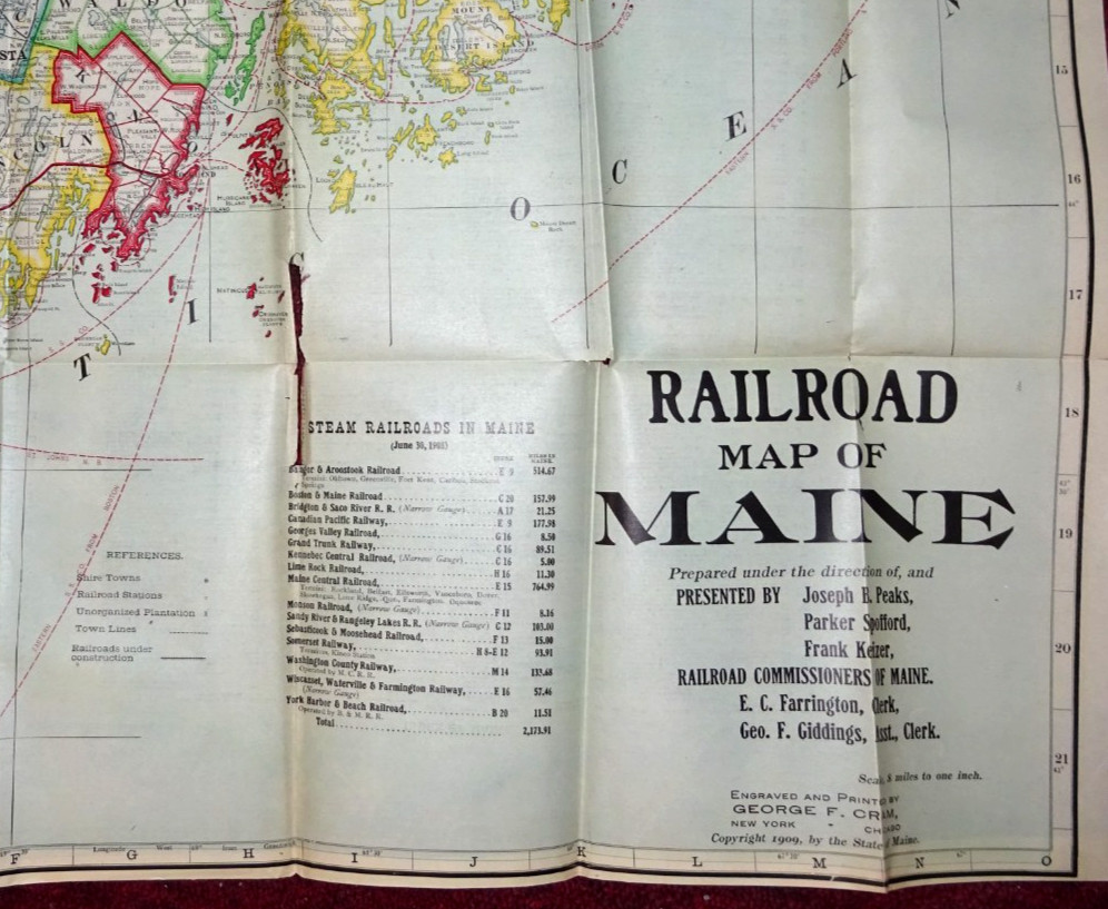BIG GEO ORAM WALL MAP OF RAILROADS MAINE 41″ x 30″ PRINTED 1909 BY COMMISSIONERS