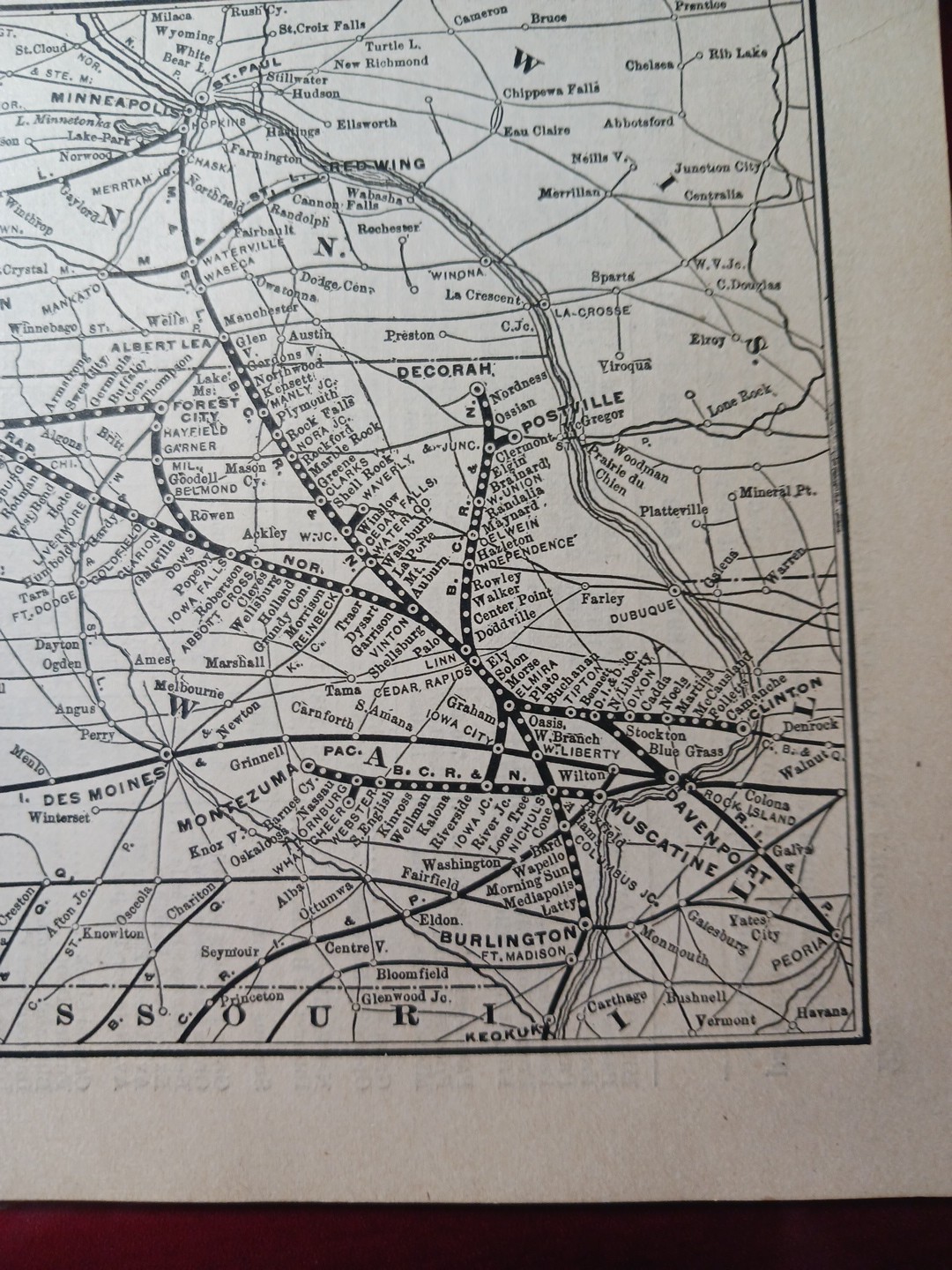 ~1898 Train Route Map + Railroad Report BURLINGTON CEDAR RAPIDS & NORTHERN Railw