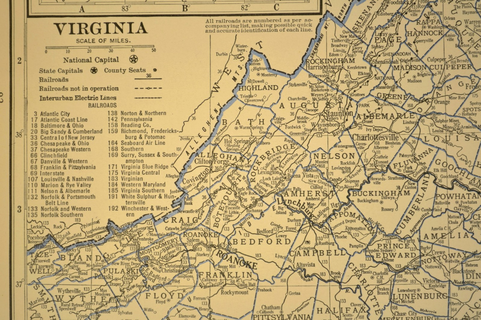 ca 1930 VIRGINIA Railroad Map Depot Towns C&O RR Historic Original Atlas Map