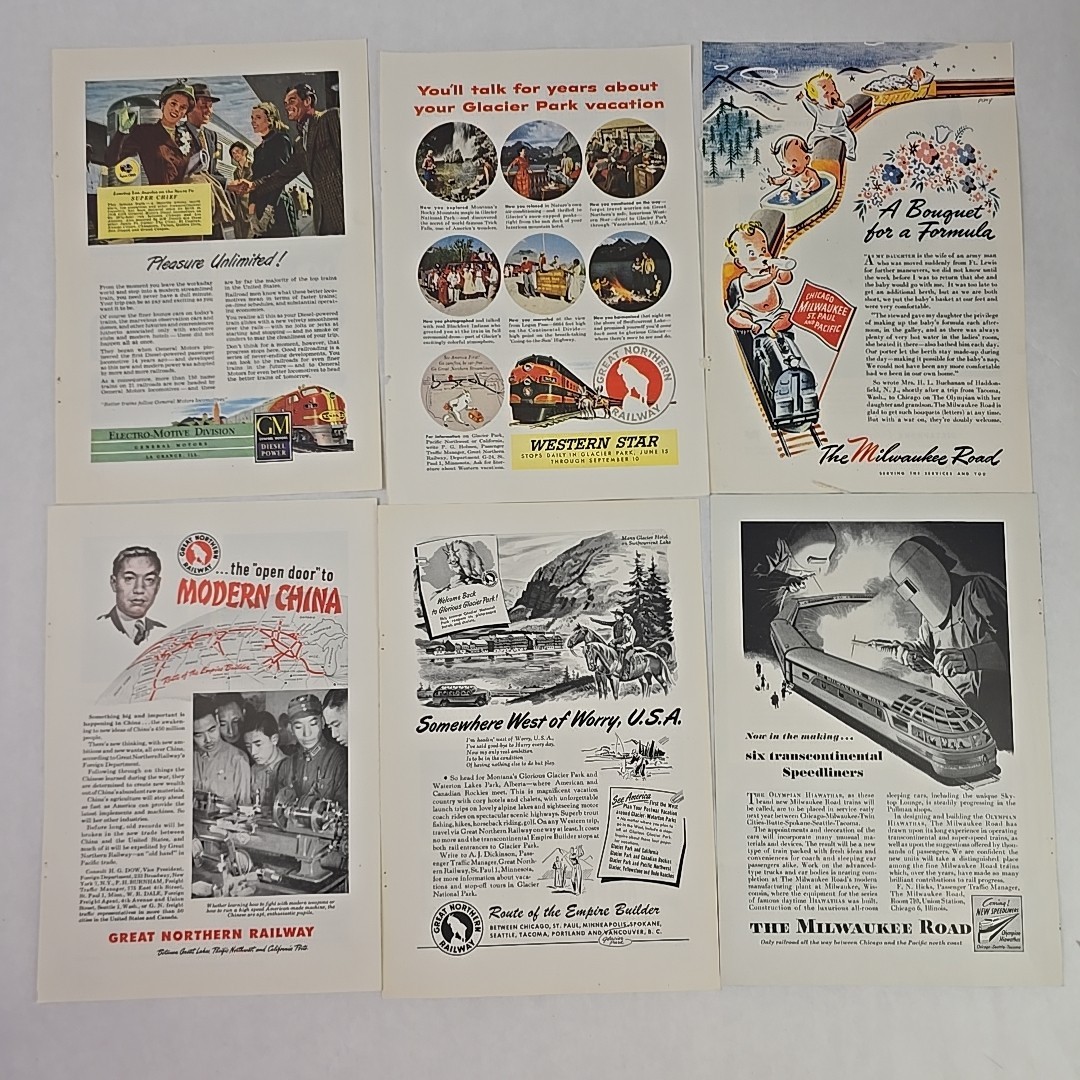 Railroads & Trains Print Ads 1950s Union Northern Southern Pacific Budd Western