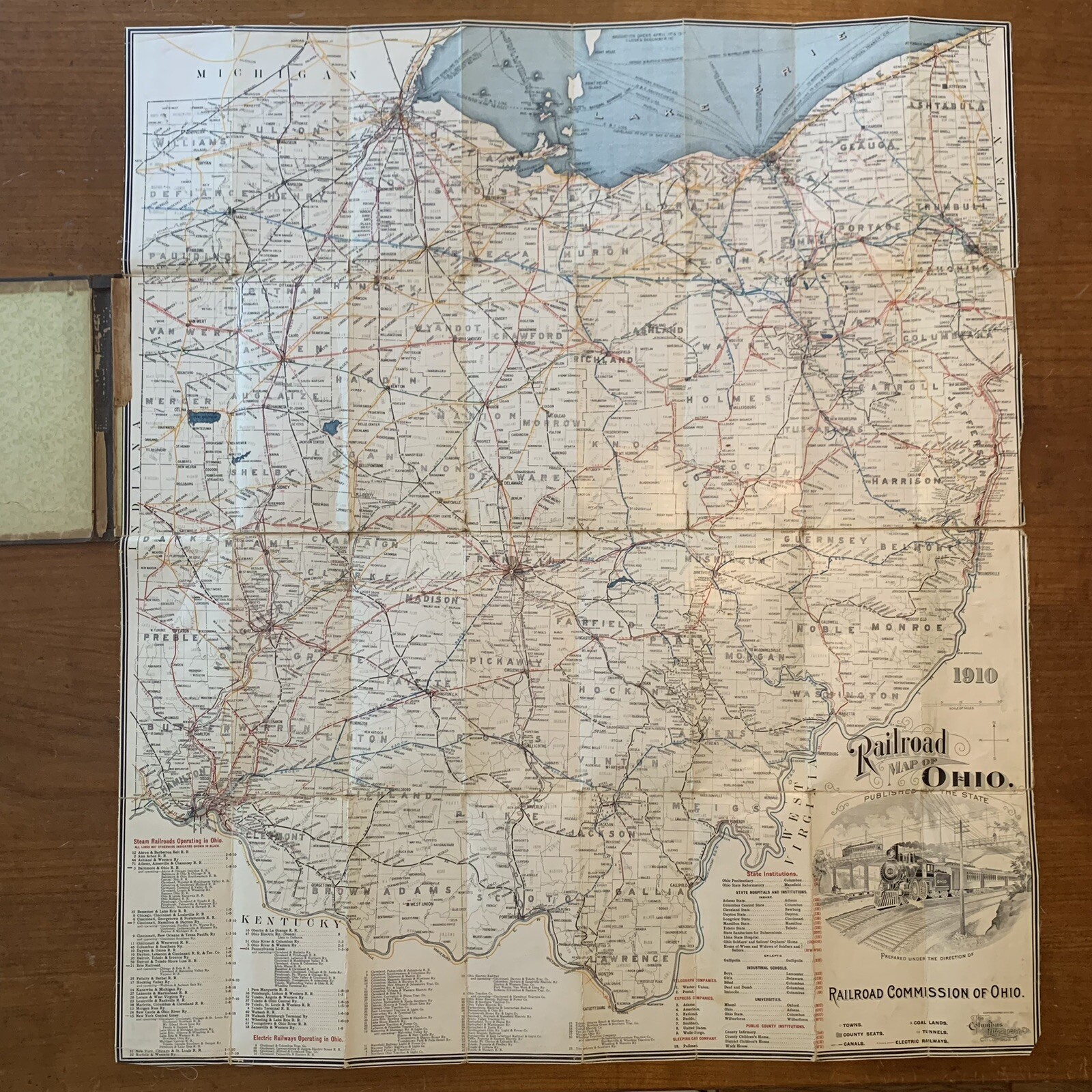 1910 Canvas Railroad Map of Ohio from the Railroad Commission 32 1/2″ x 28 1/2″