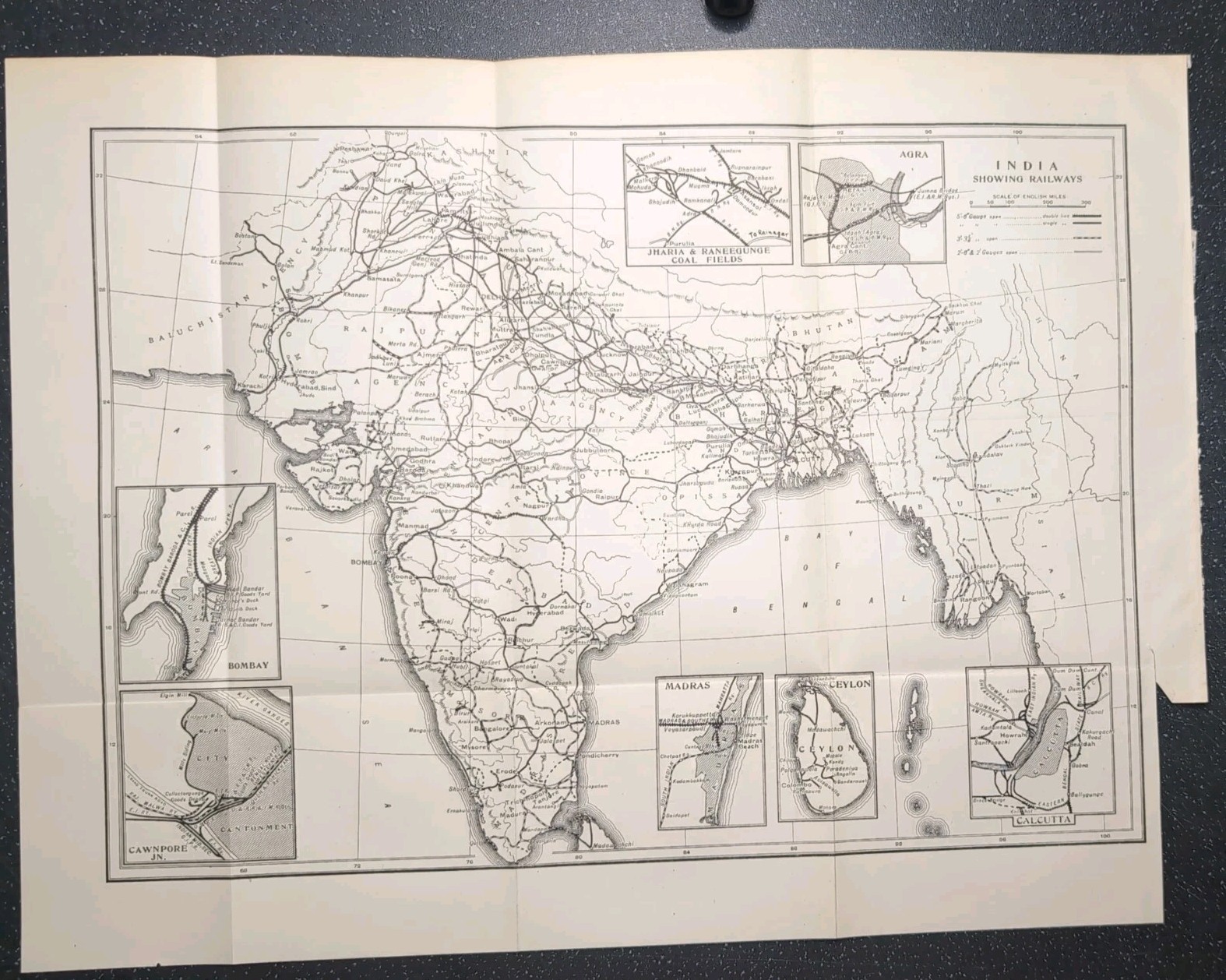 Original 1922 Railway Map of India Showing Railways Jharia Agra Calcutta